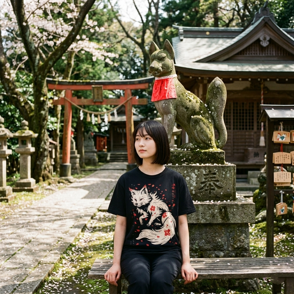 Fox & Cherry Blossom T-Shirt — Japanese Koi-Fox Illustration