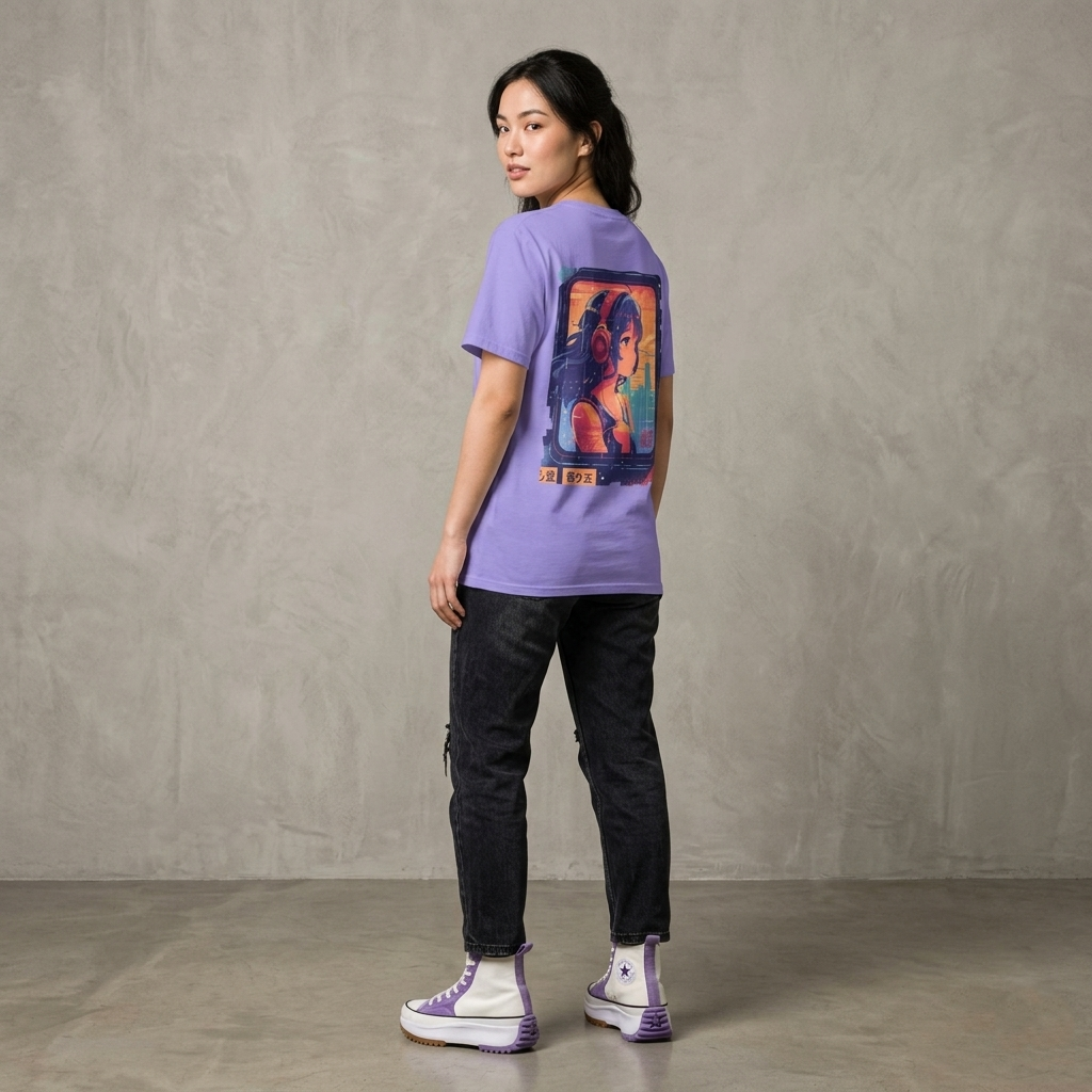 Person wearing a purple t-shirt with a colorful graphic on a plain background