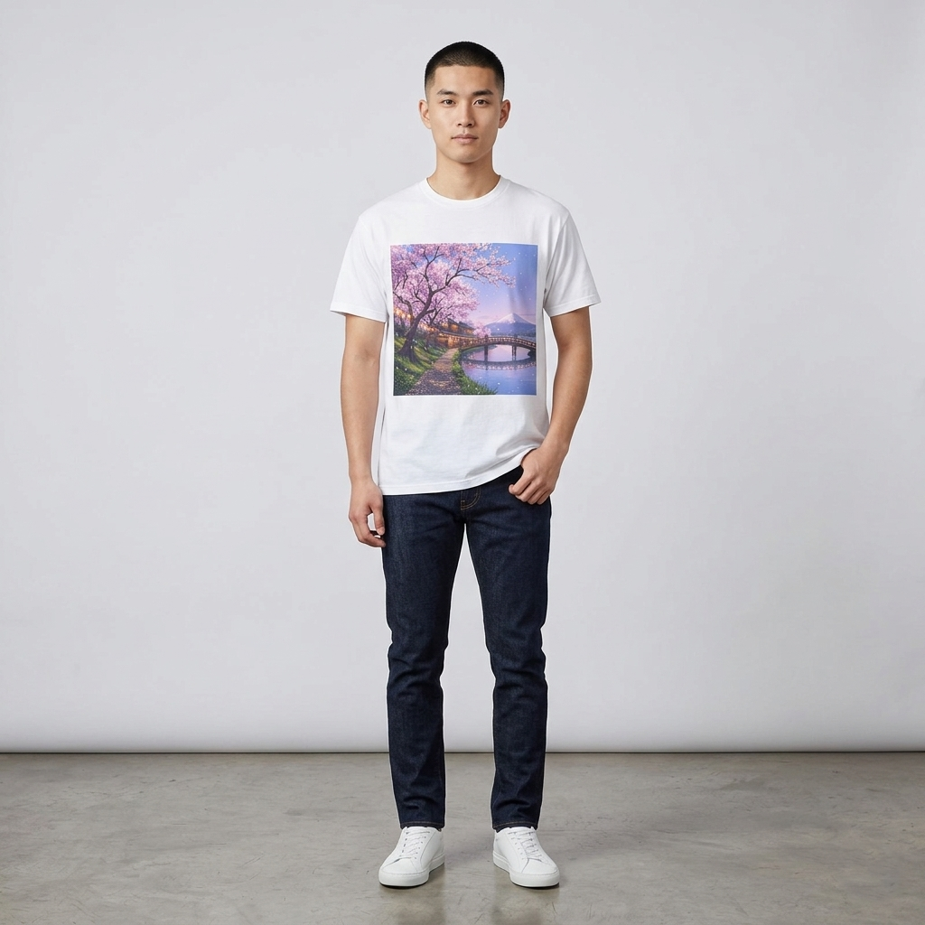 Person wearing a white t-shirt with a scenic print against a plain background