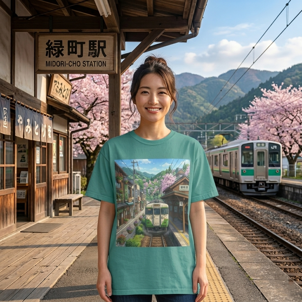 Woman wearing a teal t-shirt with a scenic print at a train station with cherry blossoms and mountains.