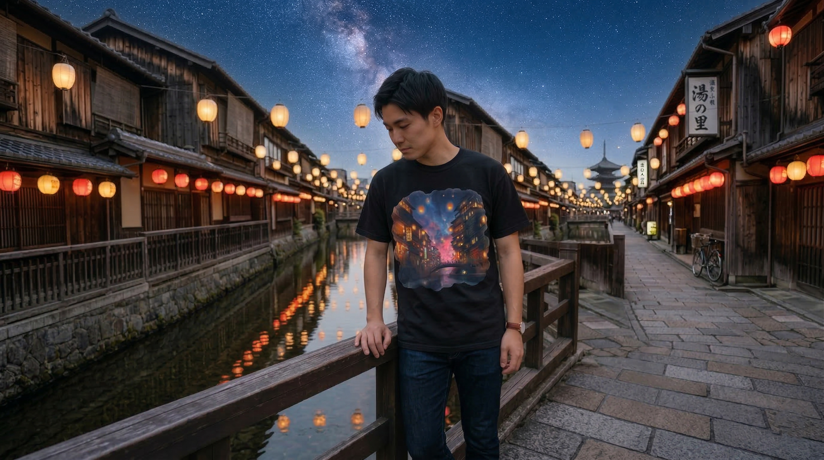 Man standing in a traditional Japanese street with lanterns and a canal at dusk.